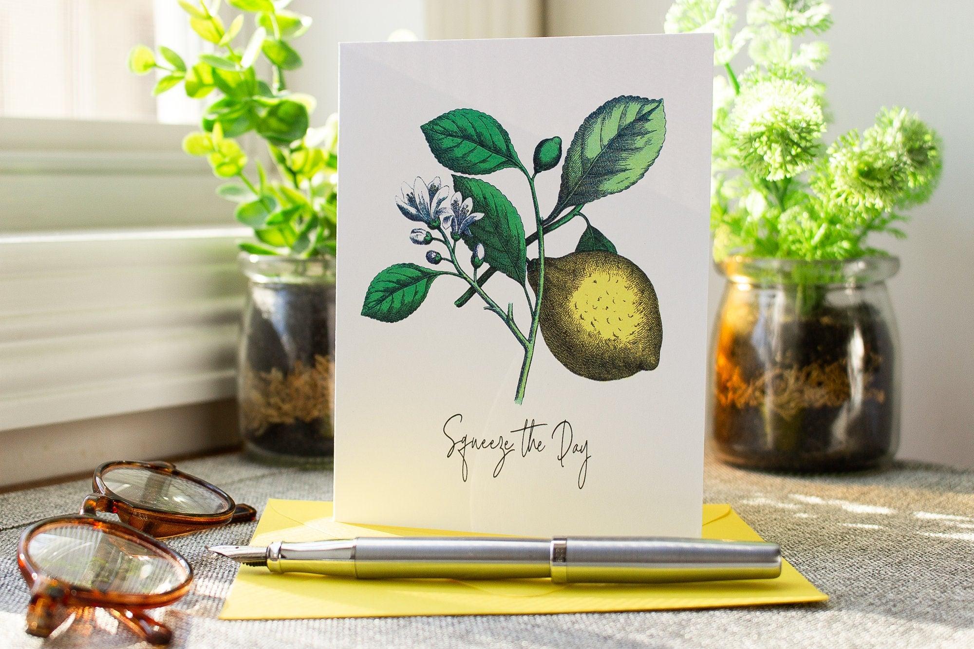 Squeeze the Day  Encouragement Greeting Card - Motivational Card for Best Friend - Lemon Pun Card - Just Because Inspirational Card