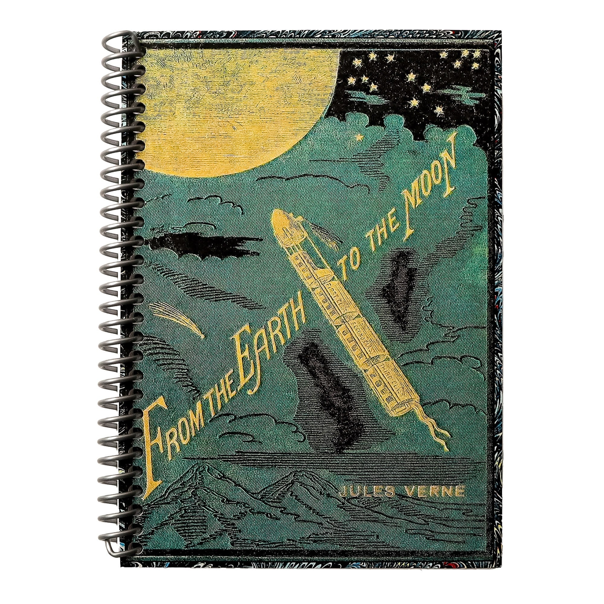 A travel-sized spiral notebook featuring a vintage book cover: From the Earth to the Moon by Jules Verne. Features an illustration of a rocket ship flying towards the moon. The colors are deep green, blue, black, and gold.