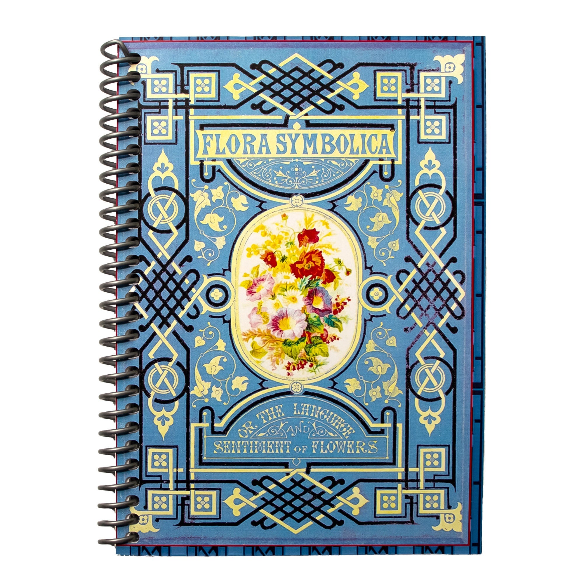 A travel-sized spiral notebook featuring a vintage book cover: Flora Symbolica or The Language and Sentiment of Flowers. Features a floral illustration surrounded by an ornate frame. The colors are sky blue, black, red, pink and gold.