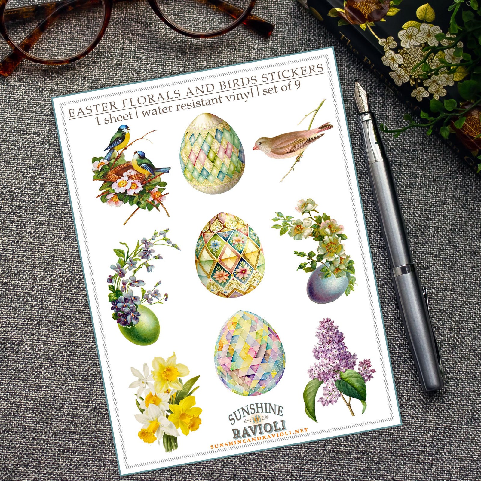 Easter Florals and Birds Sticker Sheet: Watercolor Vinyl Decals