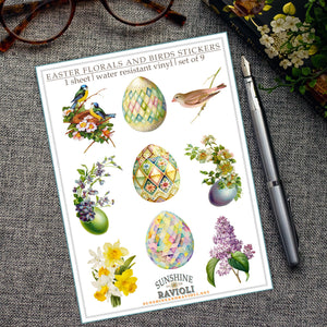 Easter Florals and Birds Sticker Sheet: Watercolor Vinyl Decals