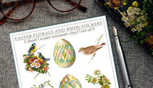 Easter Florals and Birds Sticker Sheet: Watercolor Vinyl Decals