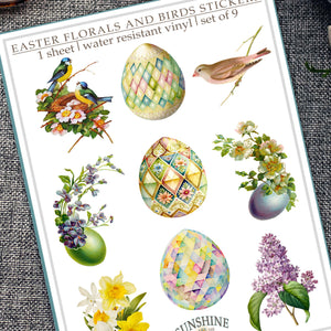 Easter Florals and Birds Sticker Sheet: Watercolor Vinyl Decals