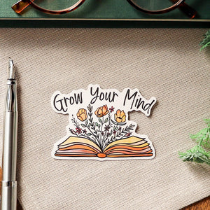 Grow Your Mind Sticker – Bookish Floral Vinyl Sticker for Readers & Book Lovers