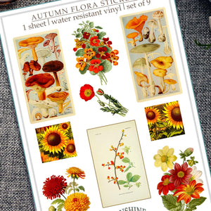 Autumn Botanical Sticker Sheet: Vintage Mushroom & Flora, Water-Resistant Vinyl