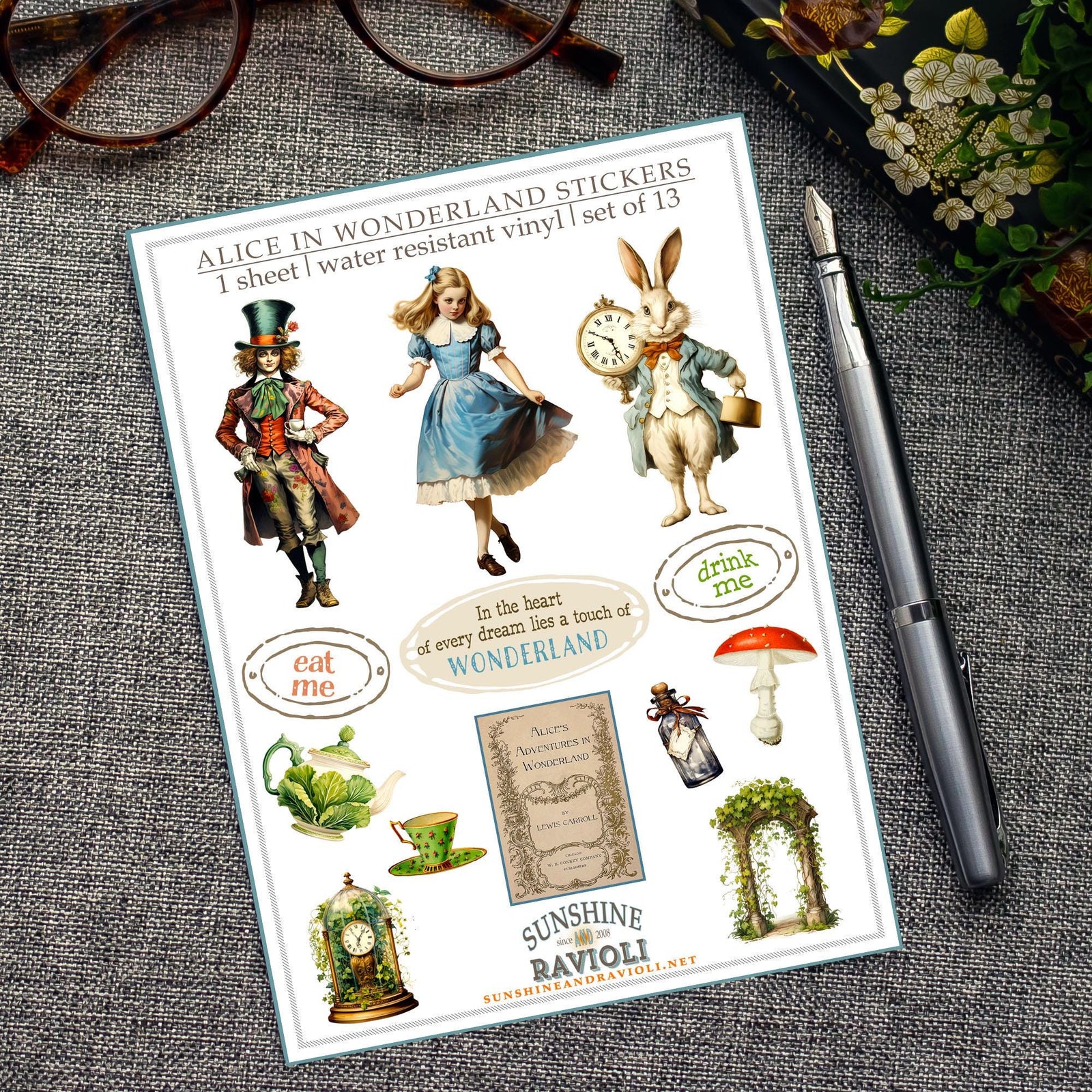 Alice in Wonderland Sticker Sheet: Vintage Storybook Water-Resistant Vinyl