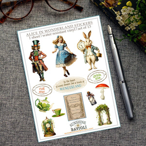 Alice in Wonderland Sticker Sheet: Vintage Storybook Water-Resistant Vinyl