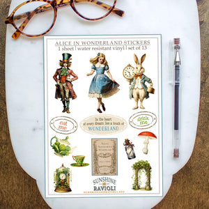 Alice in Wonderland Sticker Sheet: Vintage Storybook Water-Resistant Vinyl