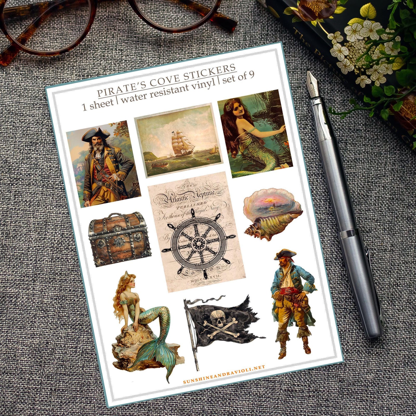 Pirate and Mermaid Sticker Sheet: Vintage Nautical Decals