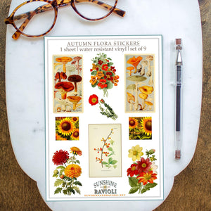 Autumn Botanical Sticker Sheet: Vintage Mushroom & Flora, Water-Resistant Vinyl