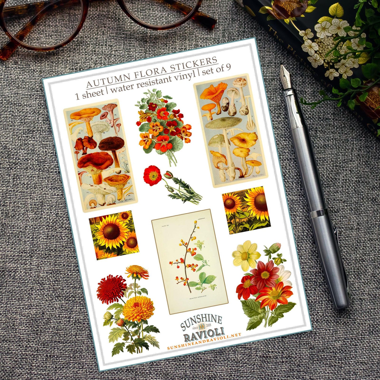 Autumn Botanical Sticker Sheet: Vintage Mushroom & Flora, Water-Resistant Vinyl