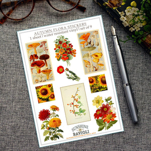 Autumn Botanical Sticker Sheet: Vintage Mushroom & Flora, Water-Resistant Vinyl
