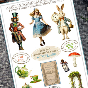 Alice in Wonderland Sticker Sheet: Vintage Storybook Water-Resistant Vinyl