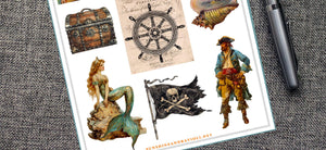Pirate and Mermaid Sticker Sheet: Vintage Nautical Decals