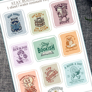 Stay Bookish Sticker Sheet, Handmade Book Lover Stickers, Water-Resistant Vinyl, Bookish Gift for Readers