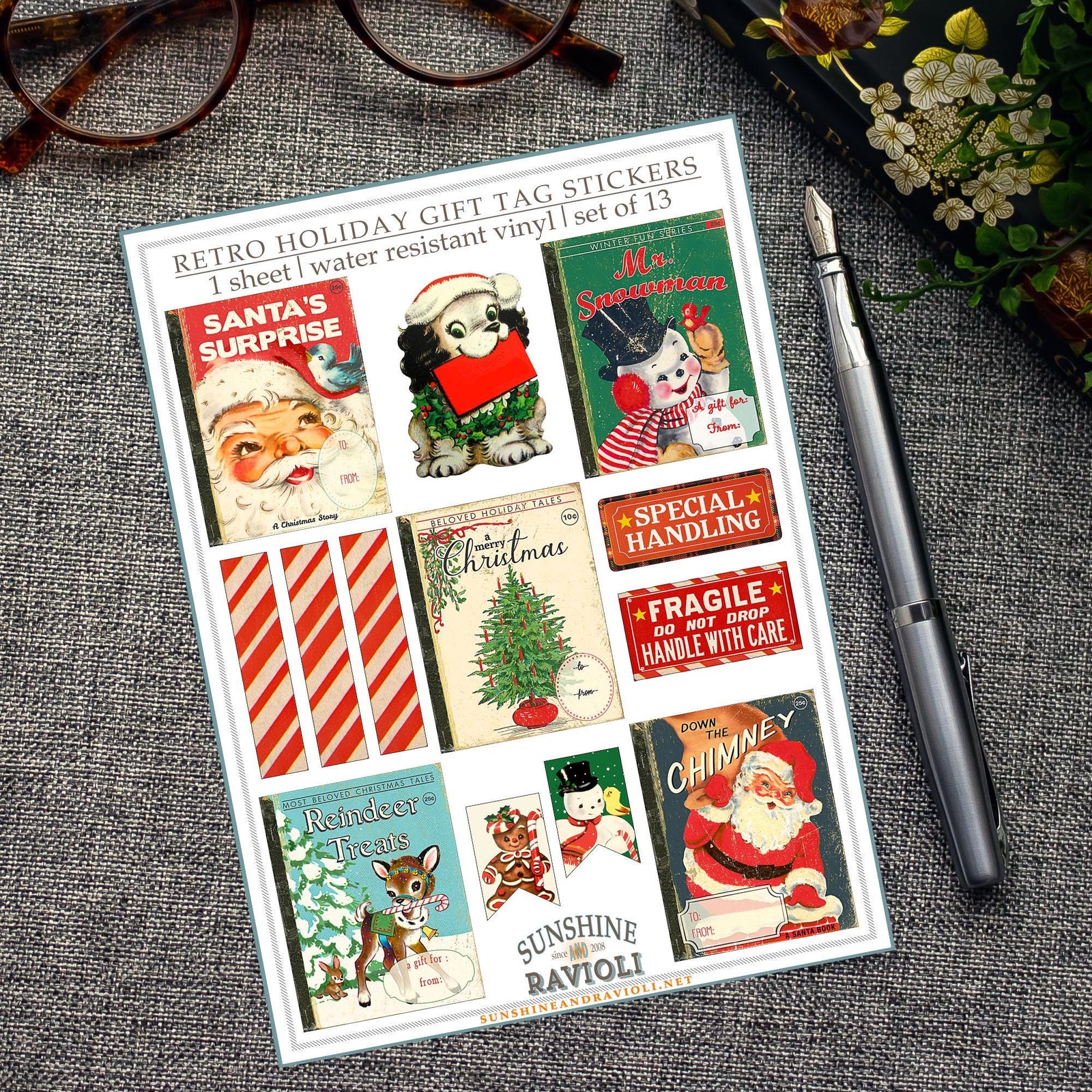 Retro Holiday Gift Tag Stickers, Vintage Children's Book Christmas Labels, Gift Wrap Tags Sticker Sheet, Bookish Christmas