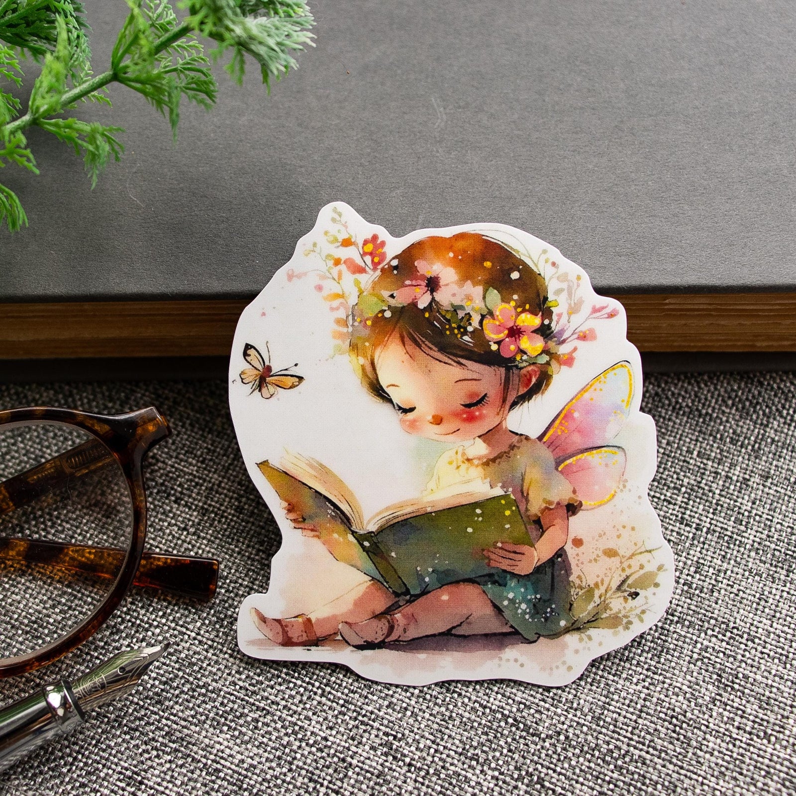 Bookish Reading Fairy Sticker, Gift for Reader, Vinyl Decal for Book Lover