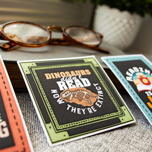 Funny Dinosaur Reading Sticker, Literary Humor, Bookish Small Gifts for Kids