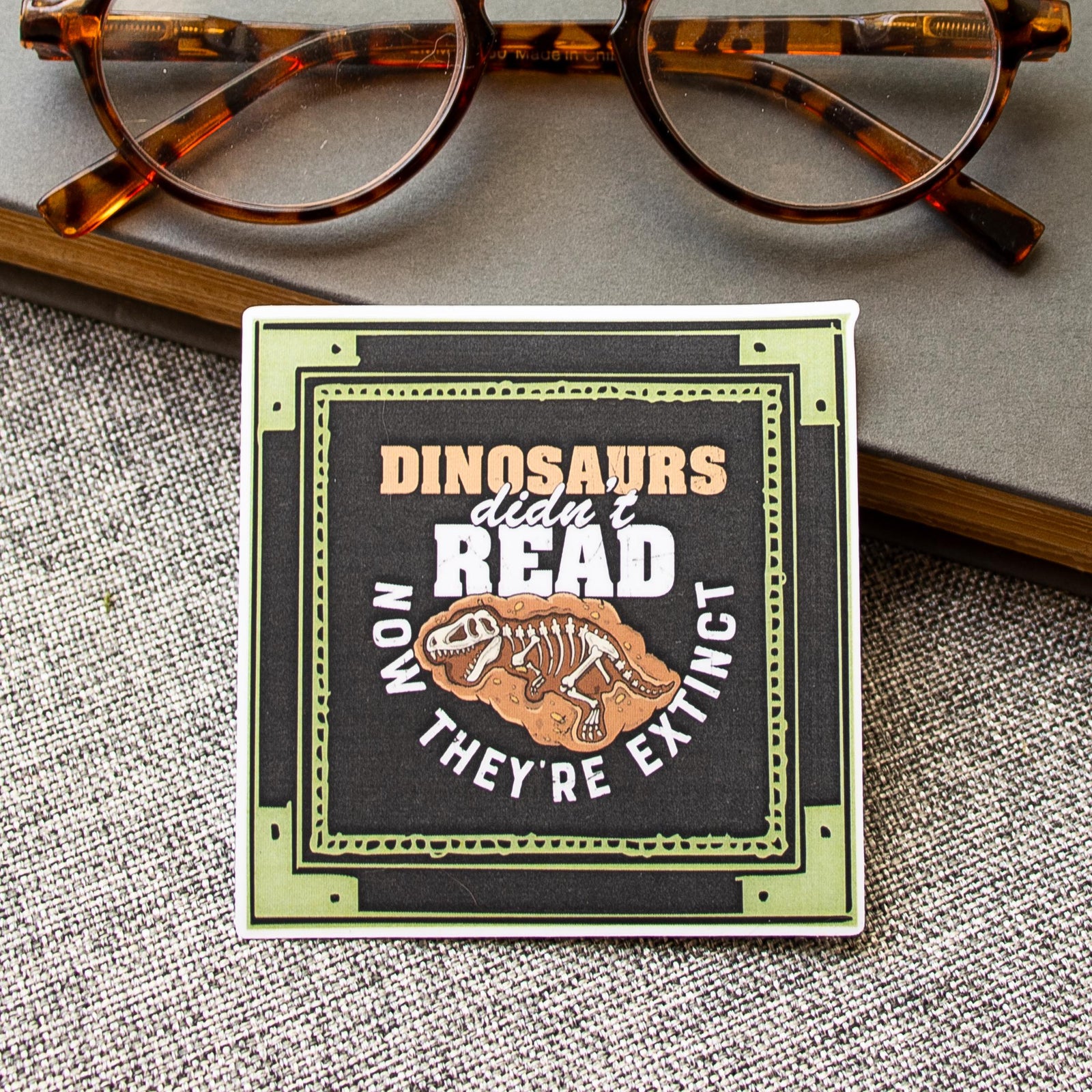 Funny Dinosaur Reading Sticker, Literary Humor, Bookish Small Gifts for Kids