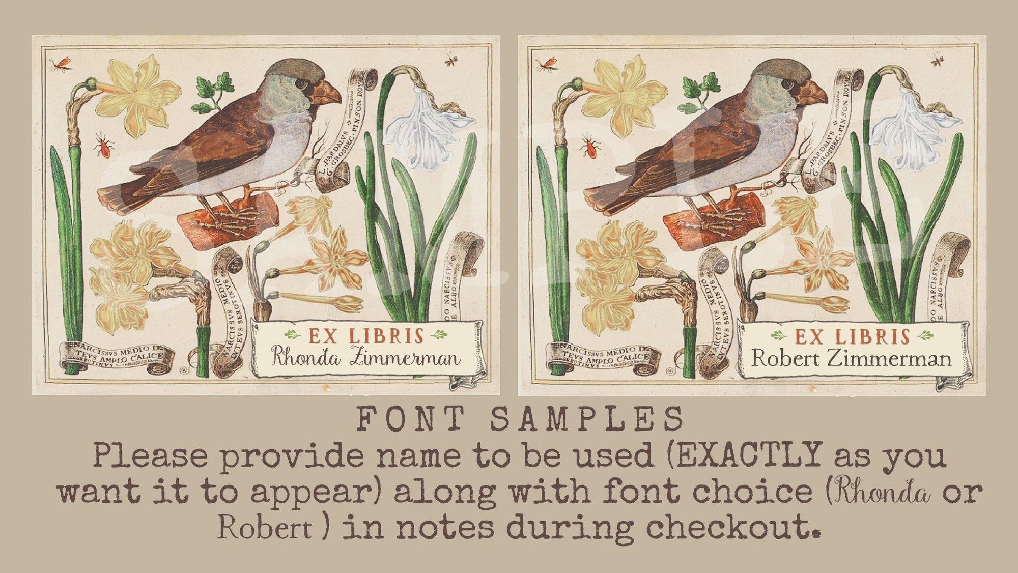 botanical bird and daffodils bookplates - set of 10 - Sunshine and Ravioli