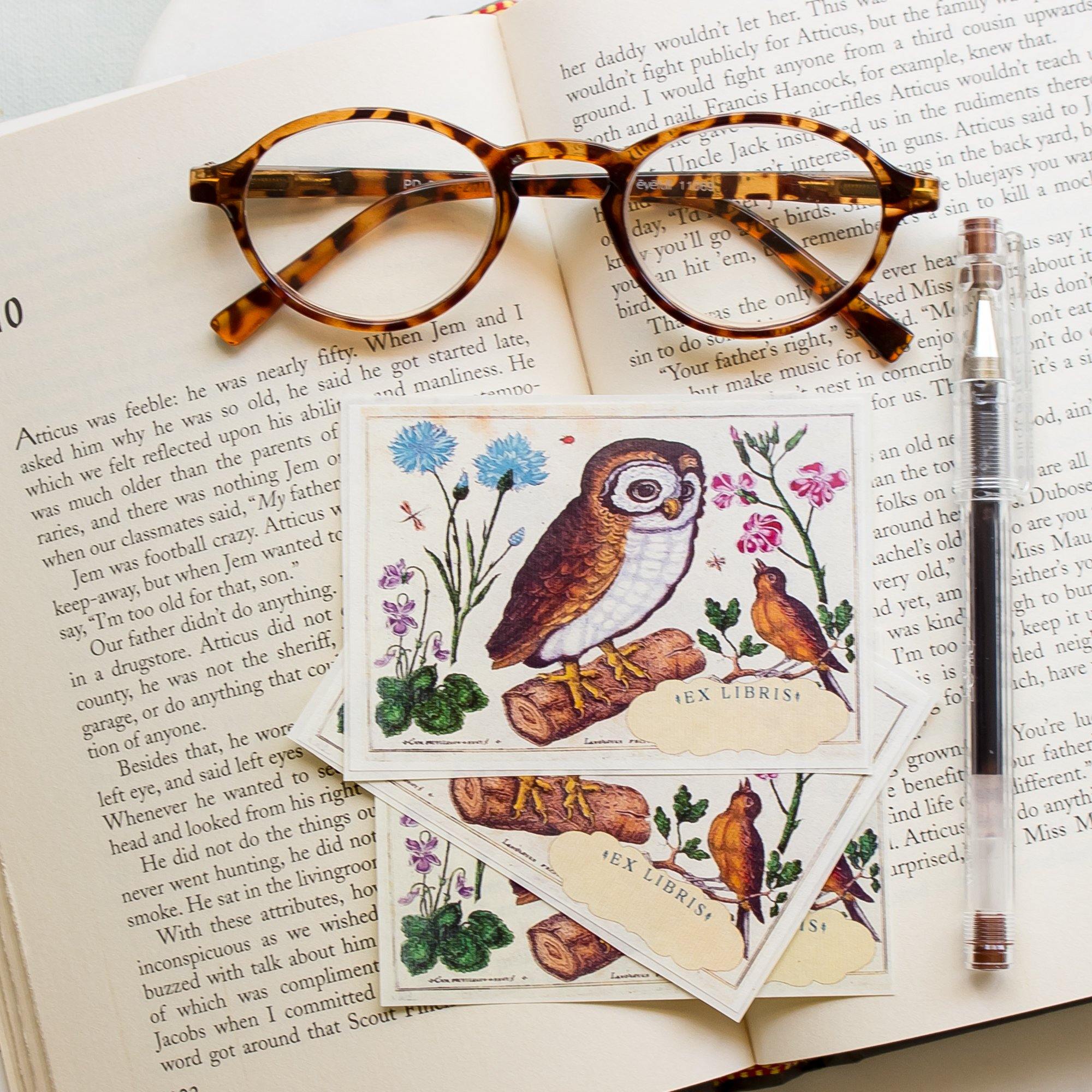 Vintage Ex Libris Girl, Pen, Books & Owl Template Label