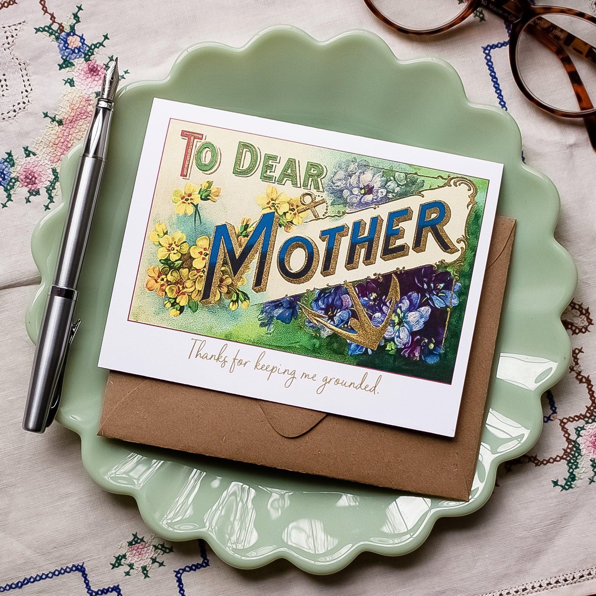 Mother's Day Card - To Dear Mother - Vintage Floral and Anchor Mothers Day Card - Thanks for Keeping Me Grounded Mom Card for Mother's Day