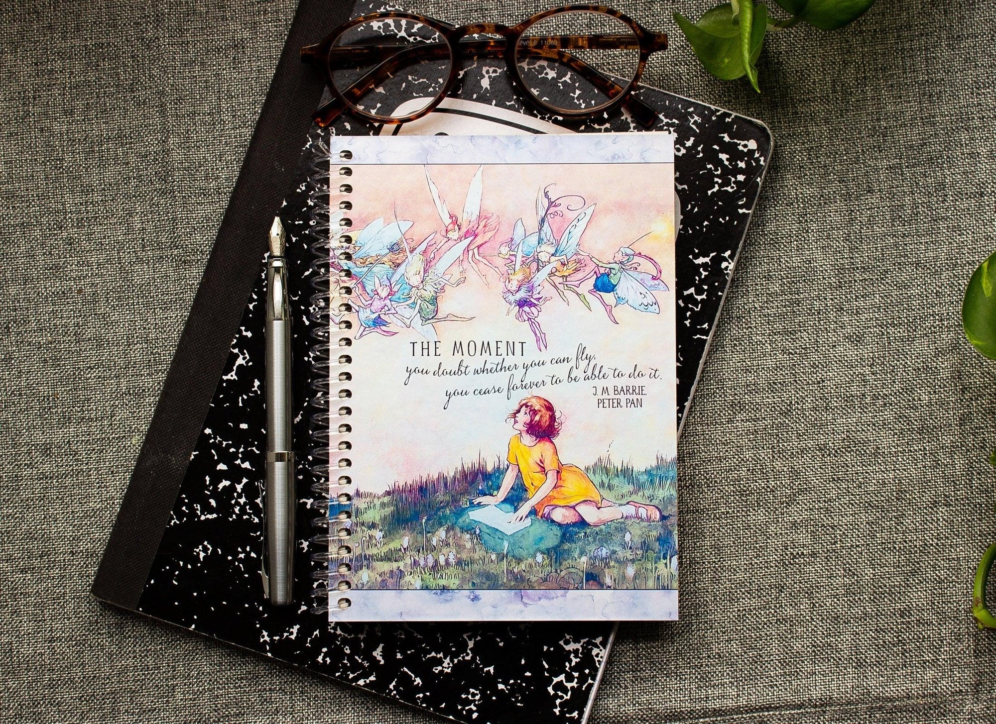 Spiral Bound Notebook - Fairies & Girl Reading Note Book - Peter Pan Quote Journal - Gift for Granddaughter - Lined and Dot Grid Pages