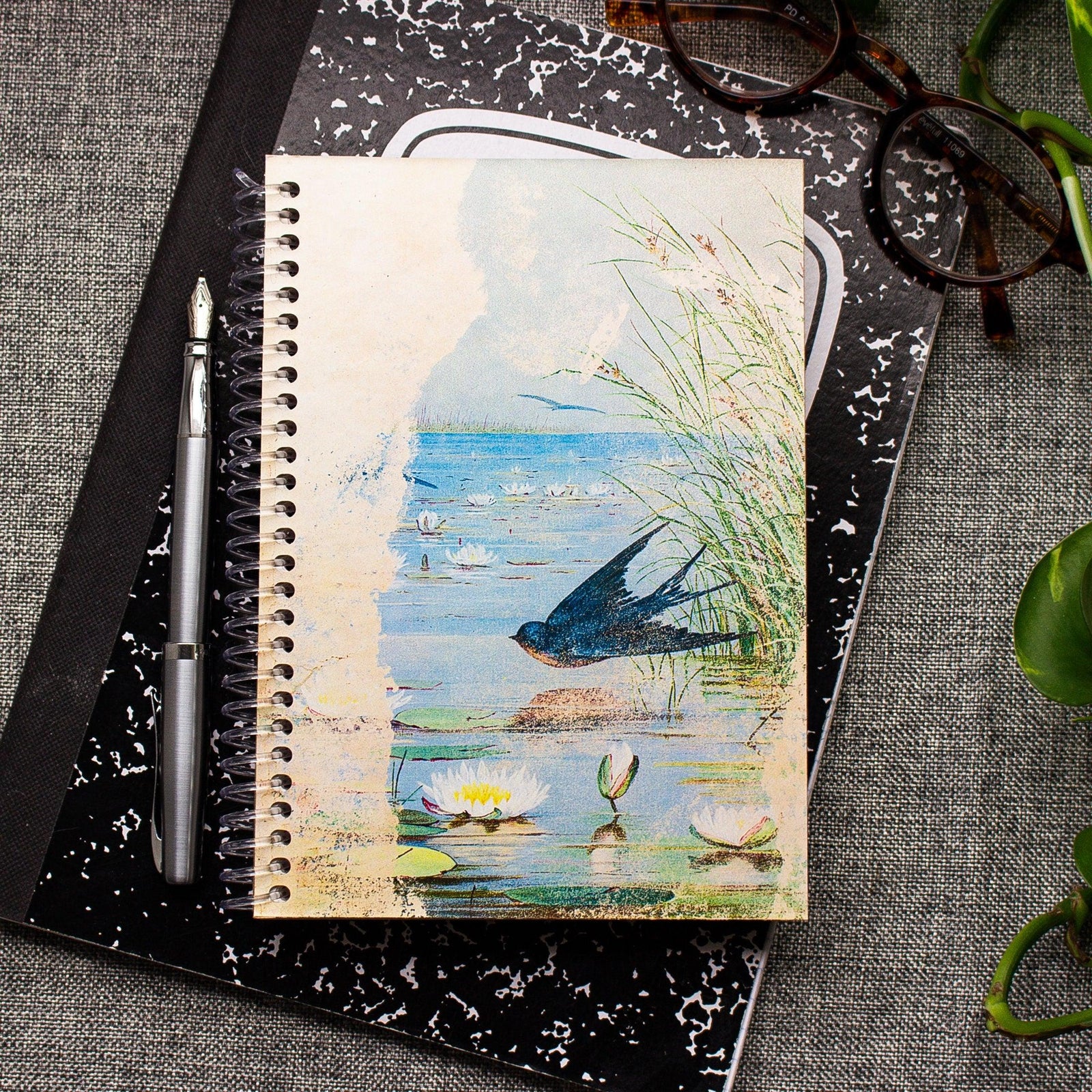 Spiral Notebook - Barn Swallow Notebook - Dot Grid Notebook - Gift for Bird Watchers - Lined Dragonfly Notebook