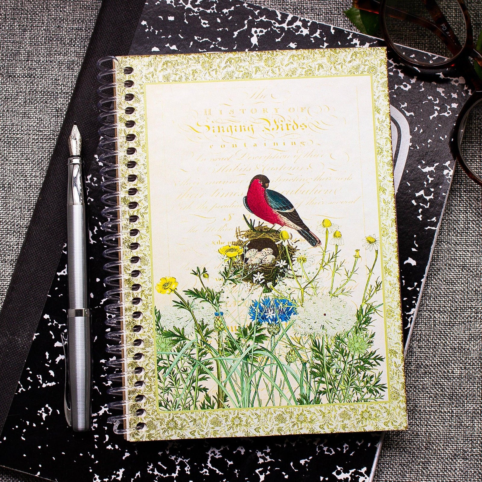 Spiral Notebook - Song Bird Notebook - Dot Grid Notebook - Gift for Bird Watchers -Wildflowers Notebook - Floral Lined Notebook