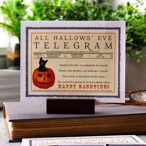 Black Cat Halloween Card - Jack-O-Lantern - Halloween Telegram - Happy Haunting - Nostalgic Halloween Card