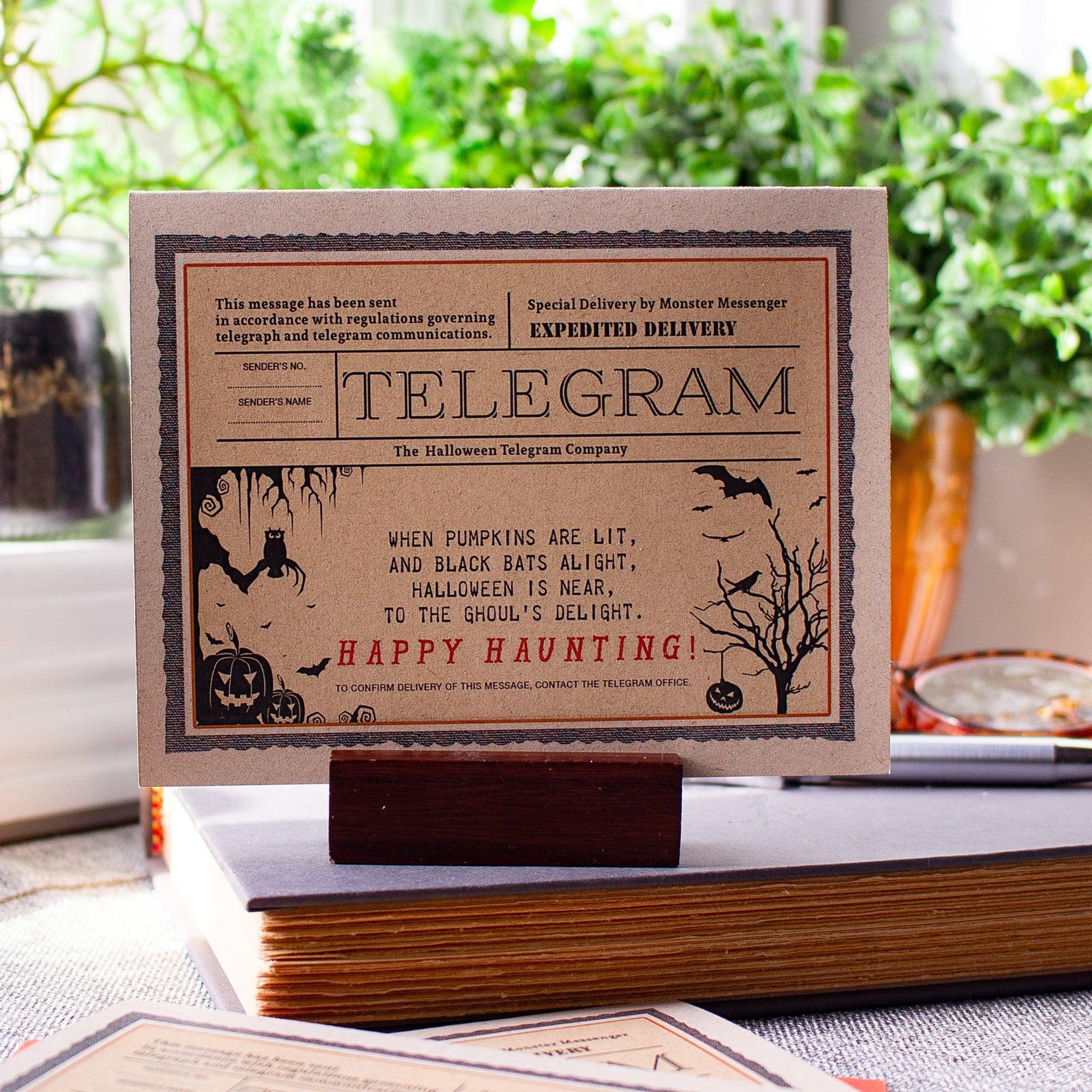 Happy Halloween Card - Halloween Telegram - Happy Haunting - Nostalgic Halloween Card - Jack o Lanterns - Owls - Bats