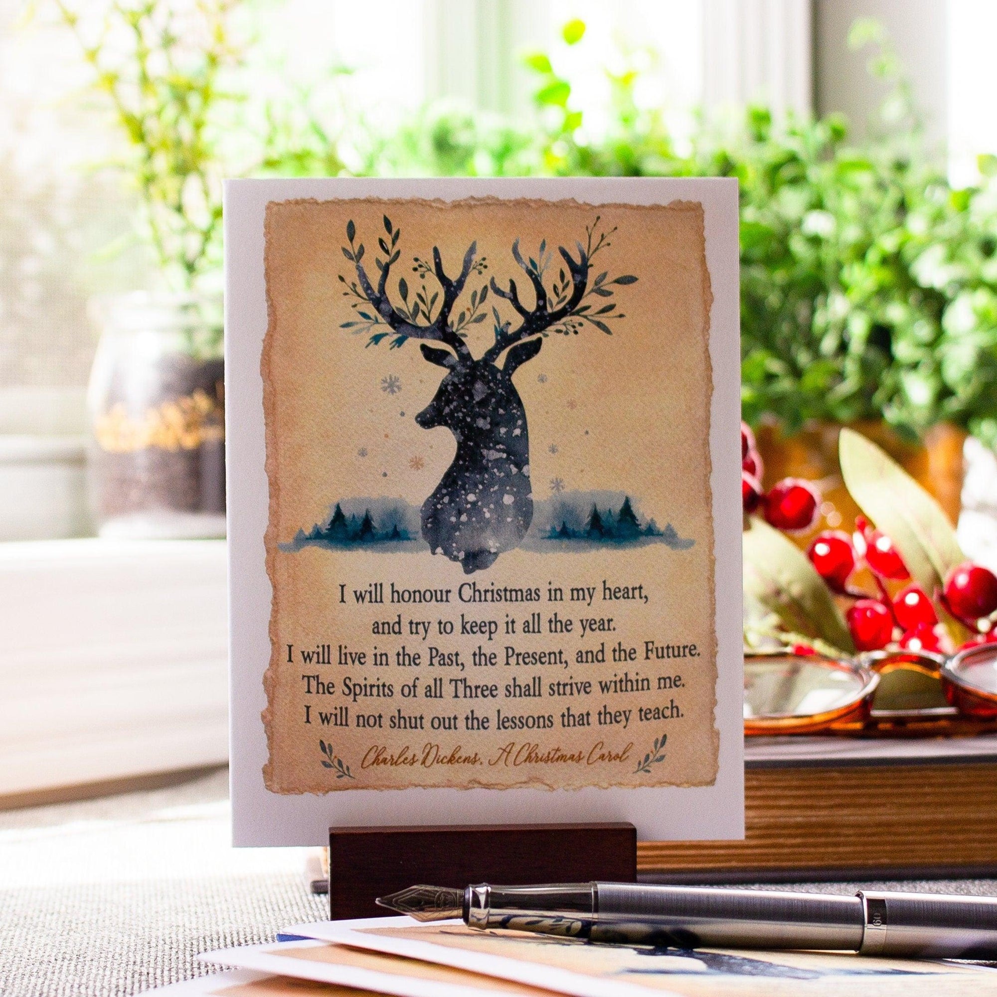 Christmas Cards Boxed Set , Charles Dickens Literary Quote , A Christmas Carol , Deer Greeting , 8 Cards and Envelopes , Bookish  Christmas