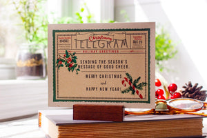 Christmas Telegram Greeting Cards Boxed Set ,  Nostalgic  Candy Cane and Holly Holiday Cards , Set of 8 Cards + Envelopes