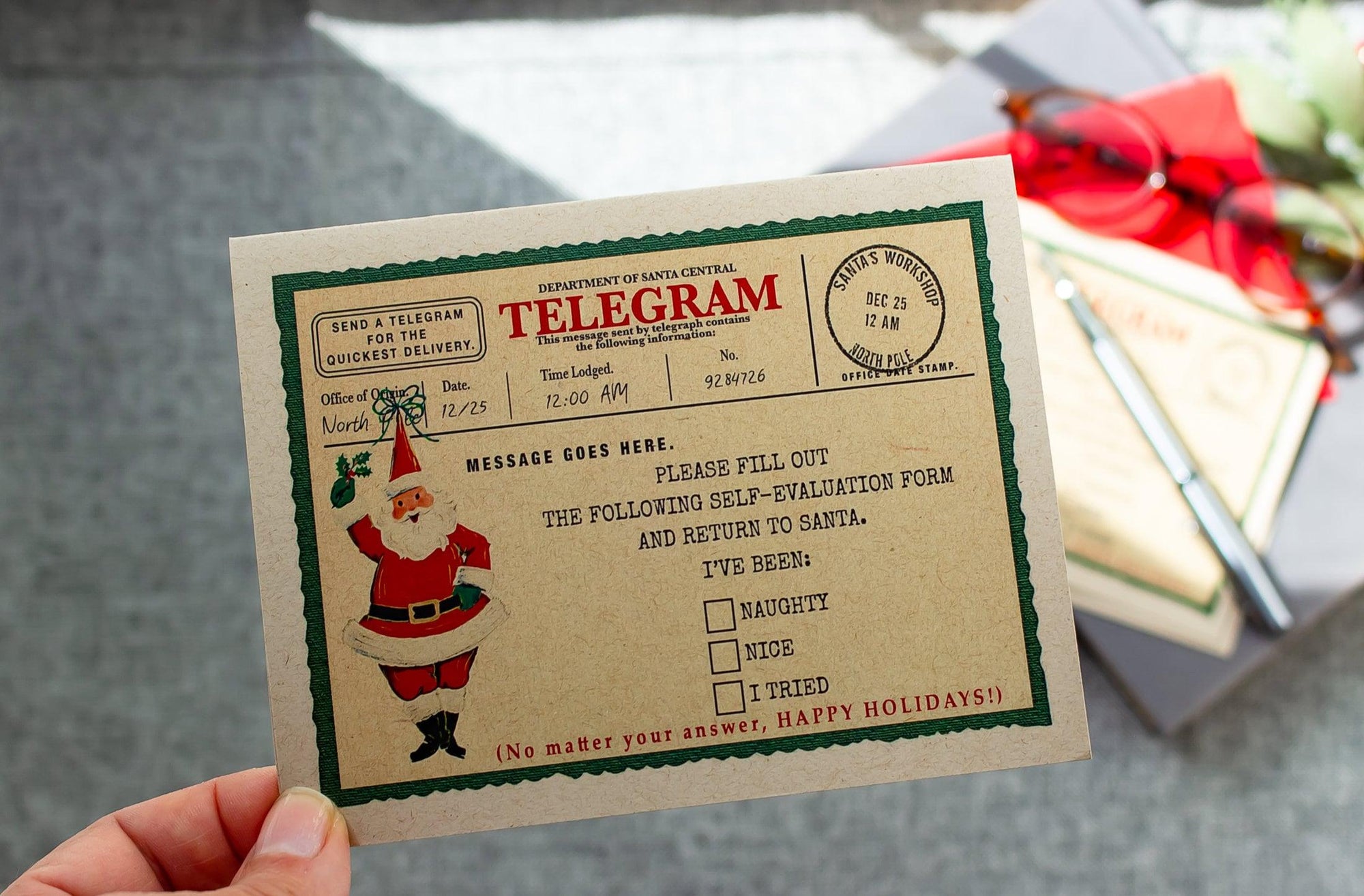 Christmas Telegram Greeting Cards Boxed Set ,  Santa Claus Naughty or Nice Holiday Cards , Set of 8 Cards + Envelopes