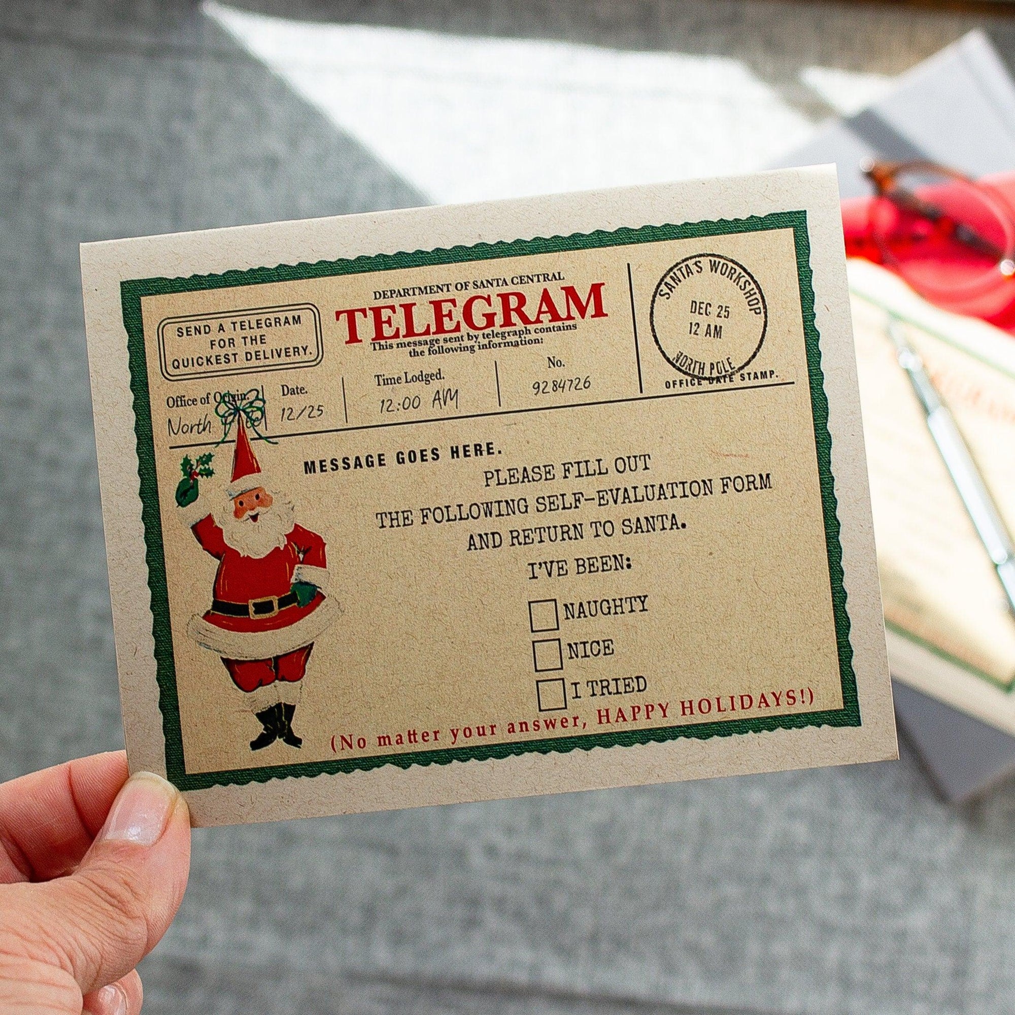 Christmas Telegram Greeting Card ,  Santa Claus Naughty or Nice Holiday Card , Nostalgic Holidays