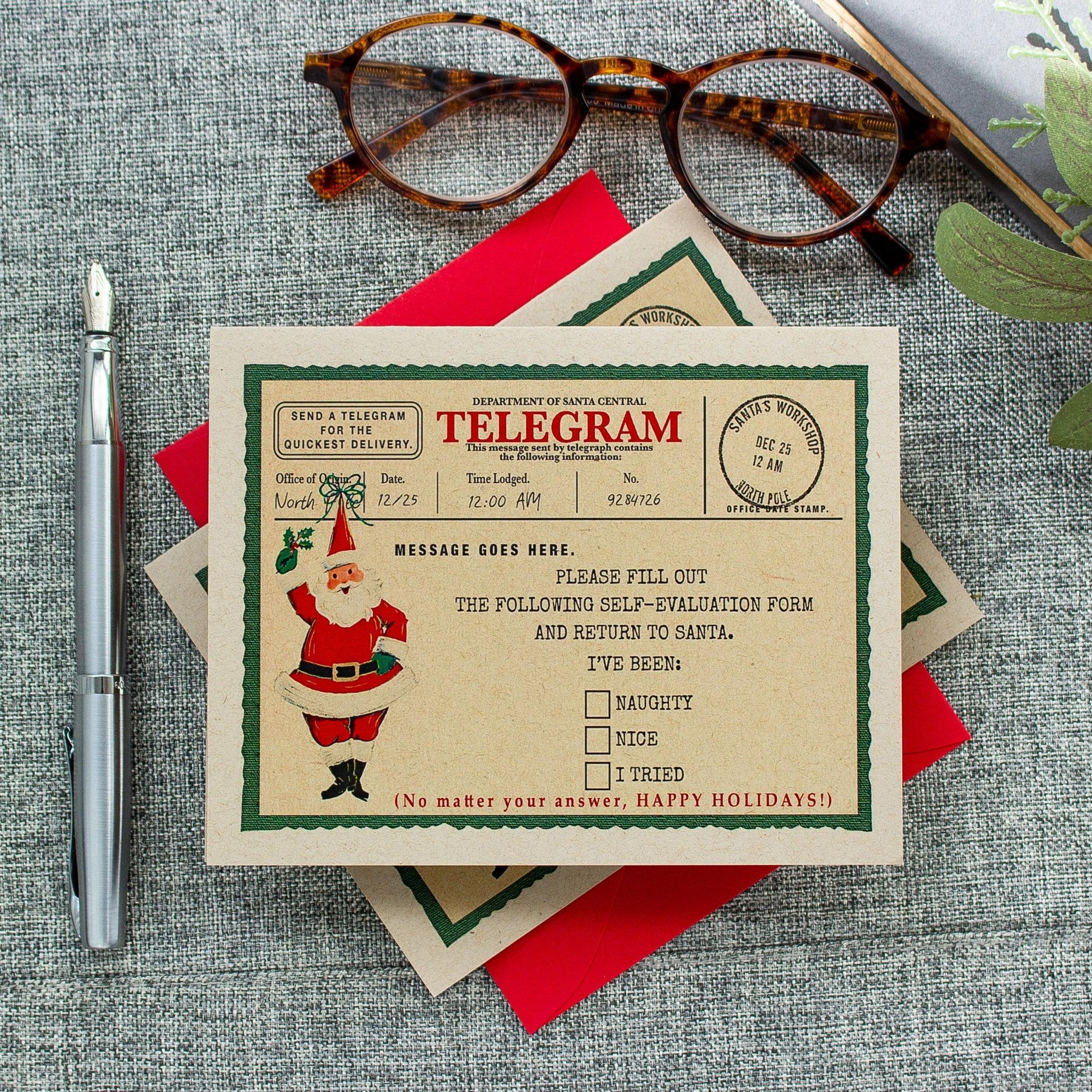 Christmas Telegram Greeting Cards Boxed Set ,  Santa Claus Naughty or Nice Holiday Cards , Set of 8 Cards + Envelopes