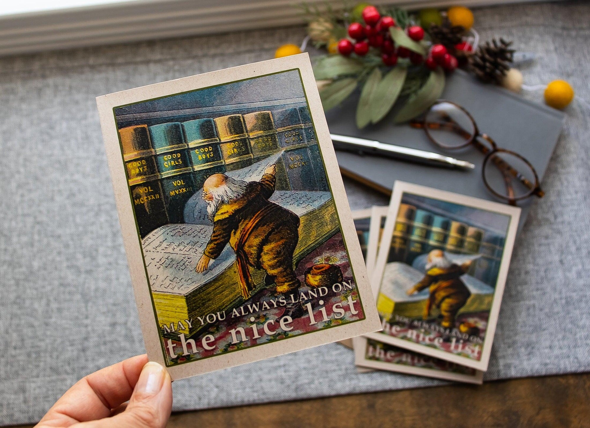 Santa Claus Christmas Card - Bookish Christmas Card - Naughty or Nice List Holiday Card