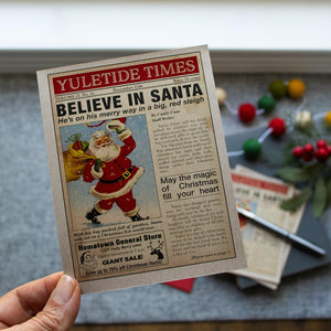Santa Claus Christmas Card - Yuletide Times Newspaper Christmas Cards - Nostalgic Holiday Cards - Believe